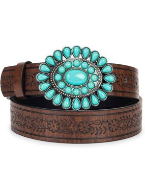Turquoise Floral Tooled Leather Belt with Concho Buckle